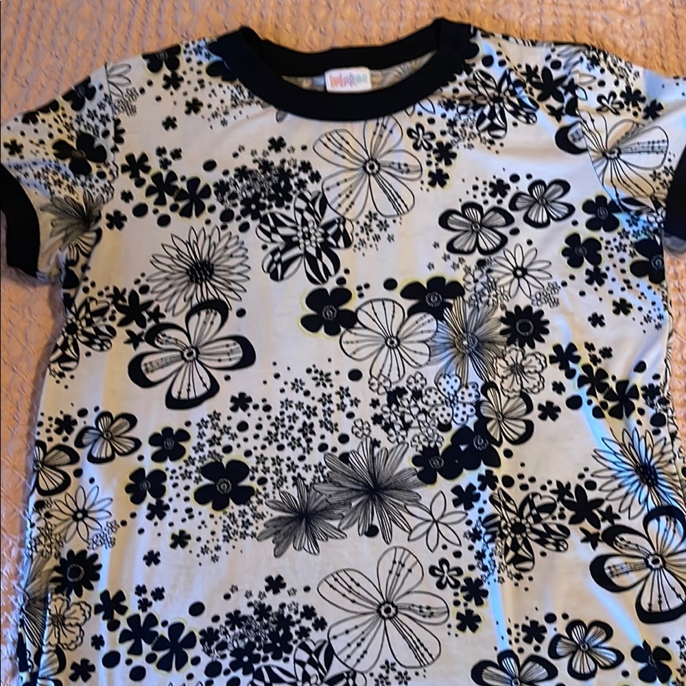 LuLaRoe Black and White Short Sleeve Tee with Floral and Butterfly Print